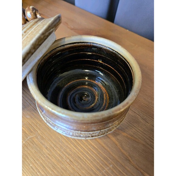 Art Pottery Dish Jar W/Lid Brown Tones Handmade, Marked By Artist - Picture 4 of 9
